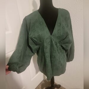 Asos Designs,Forest Green,Eyelet detail V-NECK, Empire Waist Blouse,Size 16